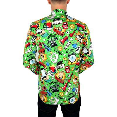 DANIEL BESSI Koszula męska fb086 zielona, KOMIKS, kolorowa, wesoła, HELLO! BOOM! | Sklep GriShop.eu | Koszule