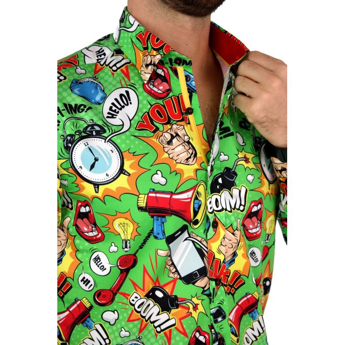 DANIEL BESSI Koszula męska fb086 zielona, KOMIKS, kolorowa, wesoła, HELLO! BOOM! | Sklep GriShop.eu | Koszule