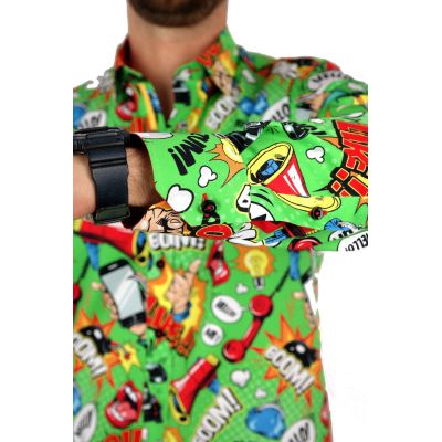 DANIEL BESSI Koszula męska fb086 zielona, KOMIKS, kolorowa, wesoła, HELLO! BOOM! | Sklep GriShop.eu | Koszule