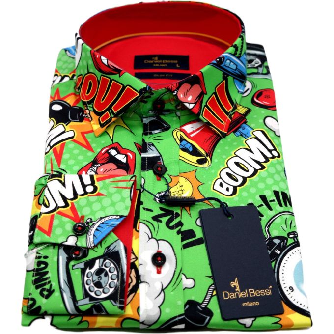 DANIEL BESSI Koszula męska fb086 zielona, KOMIKS, kolorowa, wesoła, HELLO! BOOM! | Sklep GriShop.eu | Koszule