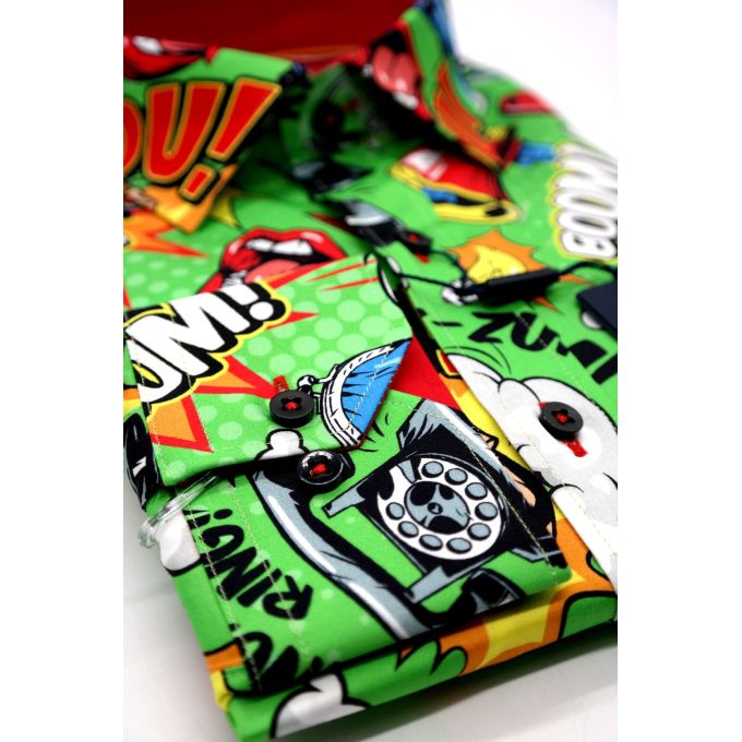 DANIEL BESSI Koszula męska fb086 zielona, KOMIKS, kolorowa, wesoła, HELLO! BOOM! | Sklep GriShop.eu | Koszule