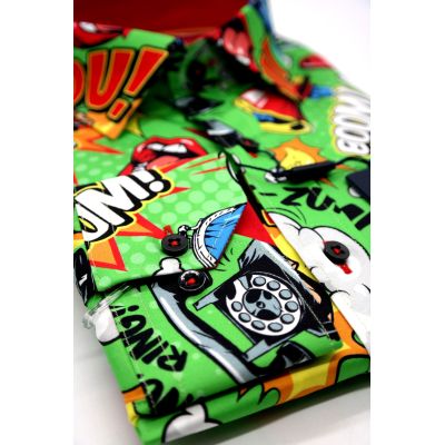 DANIEL BESSI Koszula męska fb086 zielona, KOMIKS, kolorowa, wesoła, HELLO! BOOM! | Sklep GriShop.eu | Koszule