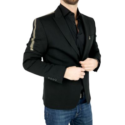 MACKTEN Marynarka męska czarna C1 elegancka, elegancka złota lamówka | Sklep GriShop.eu | Marynarki