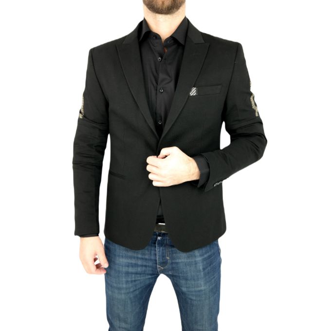 MACKTEN Marynarka męska czarna C1 elegancka, elegancka złota lamówka | Sklep GriShop.eu | Marynarki