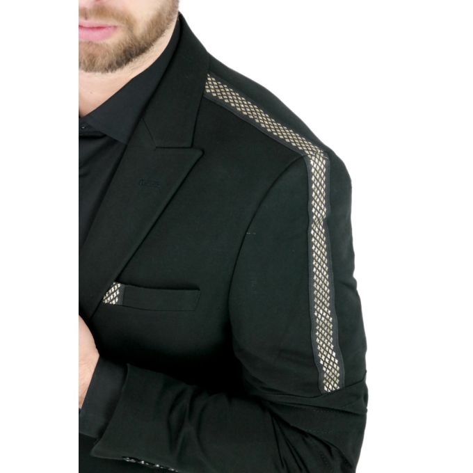 MACKTEN Marynarka męska czarna C1 elegancka, elegancka złota lamówka | Sklep GriShop.eu | Marynarki