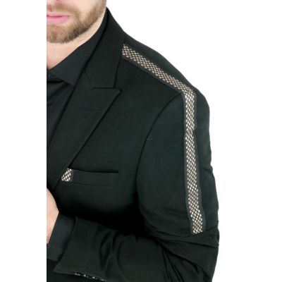 MACKTEN Marynarka męska czarna C1 elegancka, elegancka złota lamówka | Sklep GriShop.eu | Marynarki