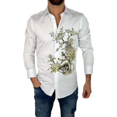 GIOVANNI PERA Koszula męska GP302 biała, drzewo, kwiaty | Sklep GriShop.eu | Koszule