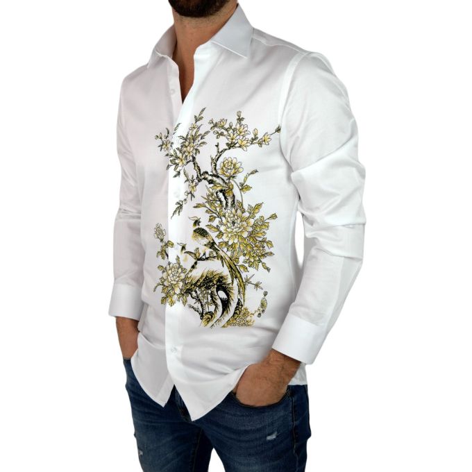 GIOVANNI PERA Koszula męska GP302 biała, drzewo, kwiaty | Sklep GriShop.eu | Koszule