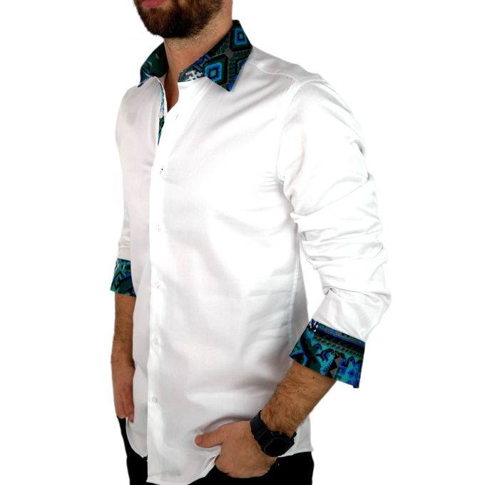 GIOVANNI PERA Koszula męska GP329 biała, kolorowe wykończenie, zielone | Sklep GriShop.eu | Koszule