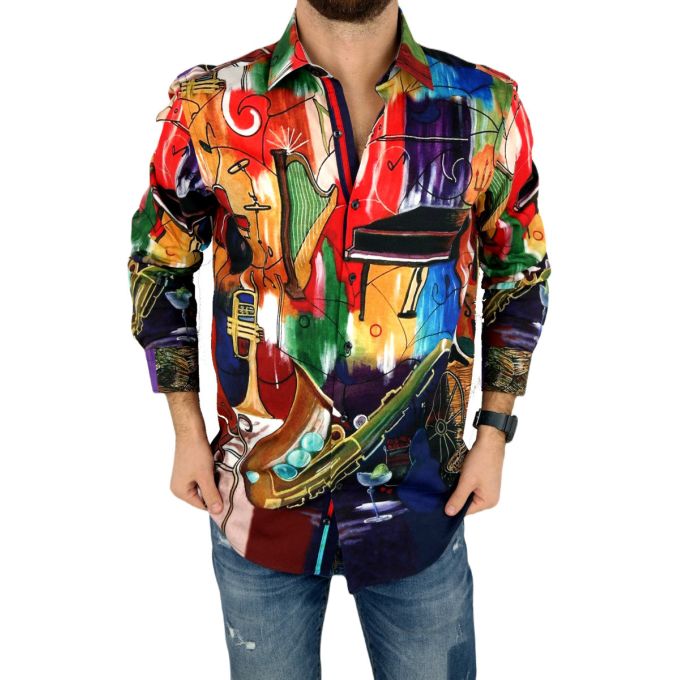 GIOVANNI PERA Koszula męska GP314 kolorowa, muzyczna, saksofon, trąbka, fortepian i inne | Sklep GriShop.eu | Koszule