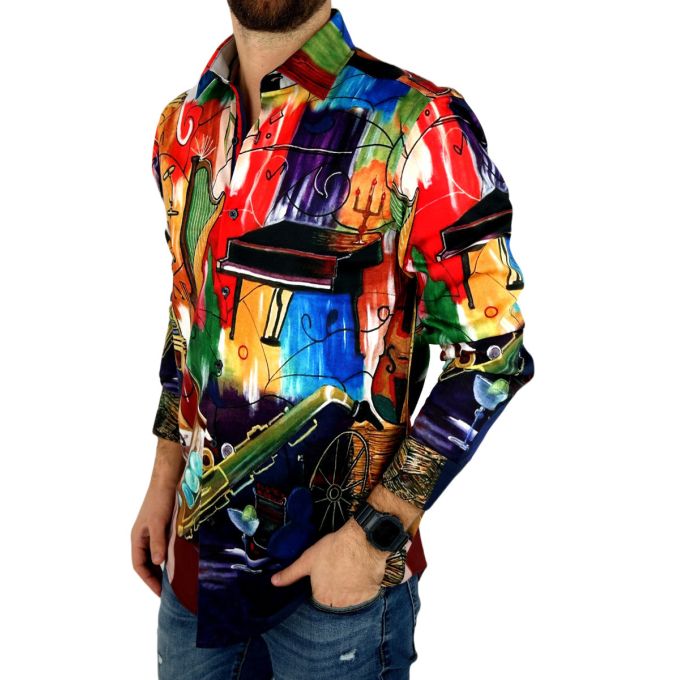 GIOVANNI PERA Koszula męska GP314 kolorowa, muzyczna, saksofon, trąbka, fortepian i inne | Sklep GriShop.eu | Koszule