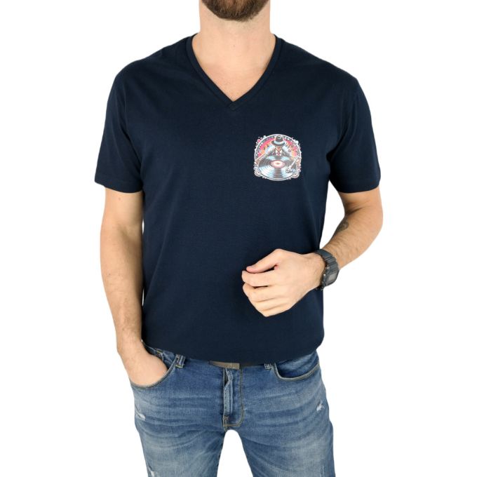 GIOVANNI PERA T-shirt męski granatowy TGP117 w serek, szpic, DJ, muzyczny, elastan | Sklep GriShop.eu | Koszulki