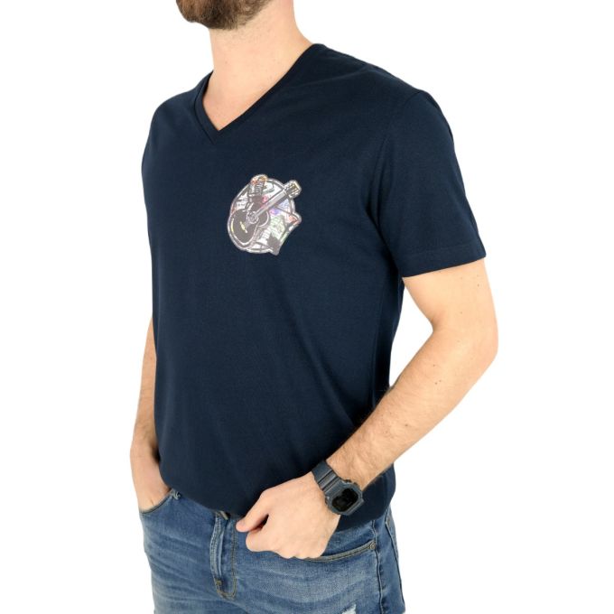 GIOVANNI PERA T-shirt męski granatowy D616-S serek, w szpic, KASETY, gitara, muzyczny, elastan | Sklep GriShop.eu | Koszulki