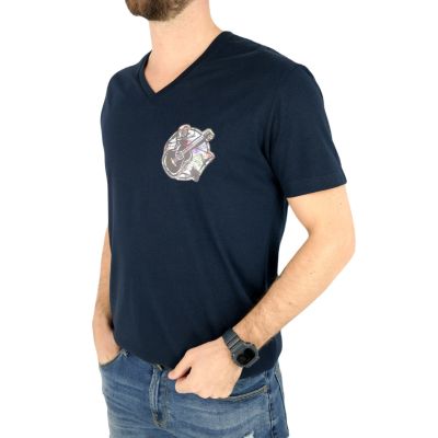 GIOVANNI PERA T-shirt męski granatowy D616-S serek, w szpic, KASETY, gitara, muzyczny, elastan | Sklep GriShop.eu | Koszulki