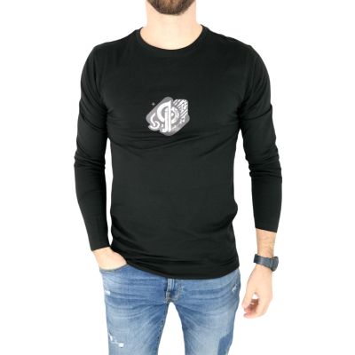 GIOVANNI PERA longsleeve męski T-shirt z długim rękawem czarny D620-O okrągły, gazeta | Sklep GriShop.eu | Koszulki