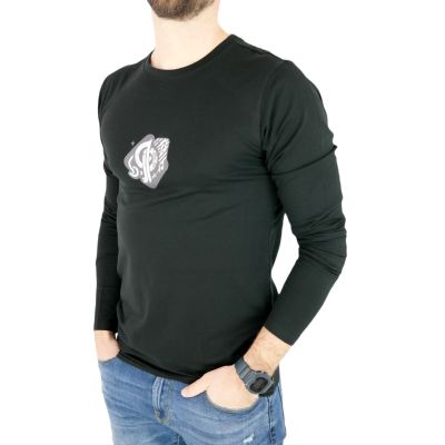 GIOVANNI PERA longsleeve męski T-shirt z długim rękawem czarny D620-O okrągły, gazeta | Sklep GriShop.eu | Koszulki