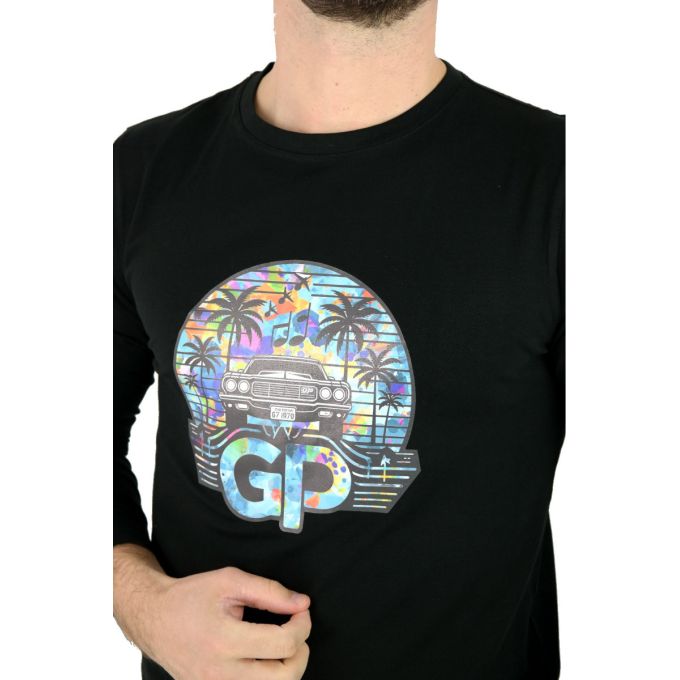 GIOVANNI PERA longsleeve męski T-shirt z długim rękawem czarny D622-O okrągły, PALMY, auta | Sklep GriShop.eu | Koszulki