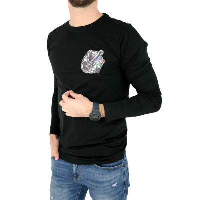 GIOVANNI PERA longsleeve męski T-shirt z długim rękawem czarny D616-O okrągły, KASETY, gitara | Sklep GriShop.eu | Koszulki