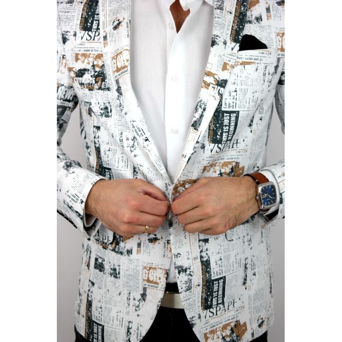 GIOVANNI PERA Marynarka męska D620 gazeta, biała, kolorowa, elegancka, stylowa | Sklep GriShop.eu | Marynarki