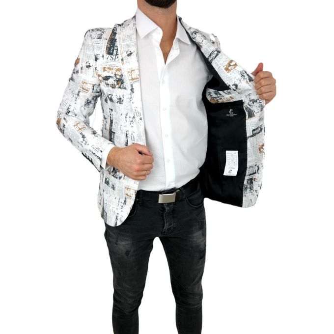 GIOVANNI PERA Marynarka męska D620 gazeta, biała, kolorowa, elegancka, stylowa | Sklep GriShop.eu | Marynarki