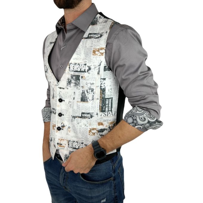 GIOVANNI PERA bezrękawnik, kamizelka męska D620 Gazeta, Biała, Kolorowa, Elegancka, Stylowa | Sklep GriShop.eu | Kamizelki