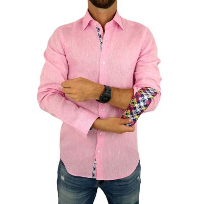 GIOVANNI PERA Koszula męska GPL1 różowa LEN, wykończenie kolorowe | Sklep GriShop.eu | Koszule