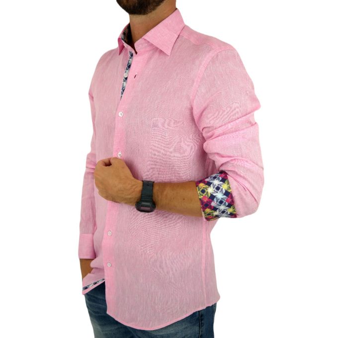 GIOVANNI PERA Koszula męska GPL1 różowa LEN, wykończenie kolorowe | Sklep GriShop.eu | Koszule