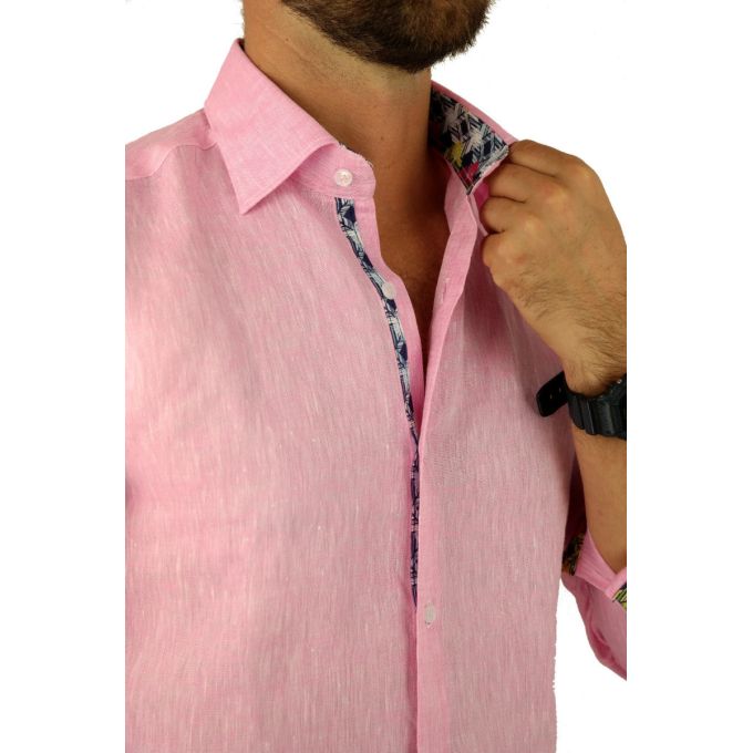 GIOVANNI PERA Koszula męska GPL1 różowa LEN, wykończenie kolorowe | Sklep GriShop.eu | Koszule