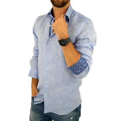 GIOVANNI PERA Koszula męska GPL2 niebieska LEN, wykończenie kolorowe | Sklep GriShop.eu | Koszule
