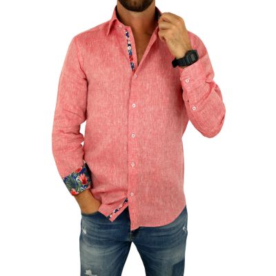 GIOVANNI PERA Koszula męska GPL3 czerwona LEN, wykończenie kolorowe | Sklep GriShop.eu | Koszule