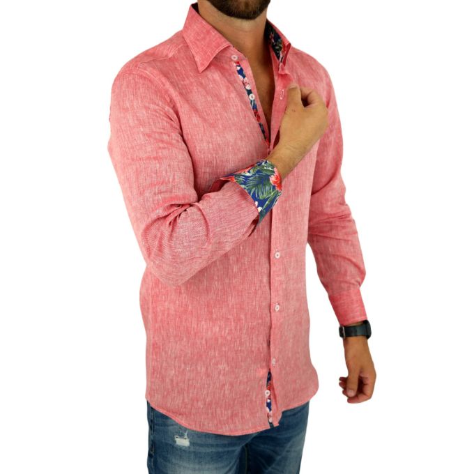 GIOVANNI PERA Koszula męska GPL3 czerwona LEN, wykończenie kolorowe | Sklep GriShop.eu | Koszule
