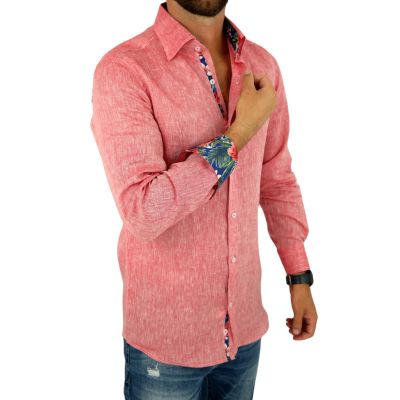 GIOVANNI PERA Koszula męska GPL3 czerwona LEN, wykończenie kolorowe | Sklep GriShop.eu | Koszule