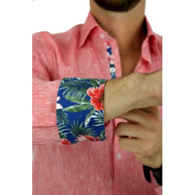 GIOVANNI PERA Koszula męska GPL3 czerwona LEN, wykończenie kolorowe | Sklep GriShop.eu | Koszule