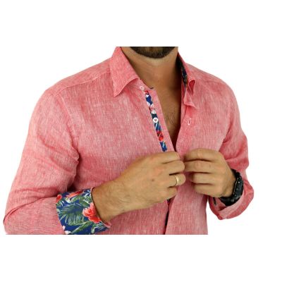 GIOVANNI PERA Koszula męska GPL3 czerwona LEN, wykończenie kolorowe | Sklep GriShop.eu | Koszule