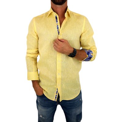 GIOVANNI PERA Koszula męska GPL4 żółta LEN, wykończenie kolorowe | Sklep GriShop.eu | Koszule