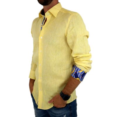 GIOVANNI PERA Koszula męska GPL4 żółta LEN, wykończenie kolorowe | Sklep GriShop.eu | Koszule