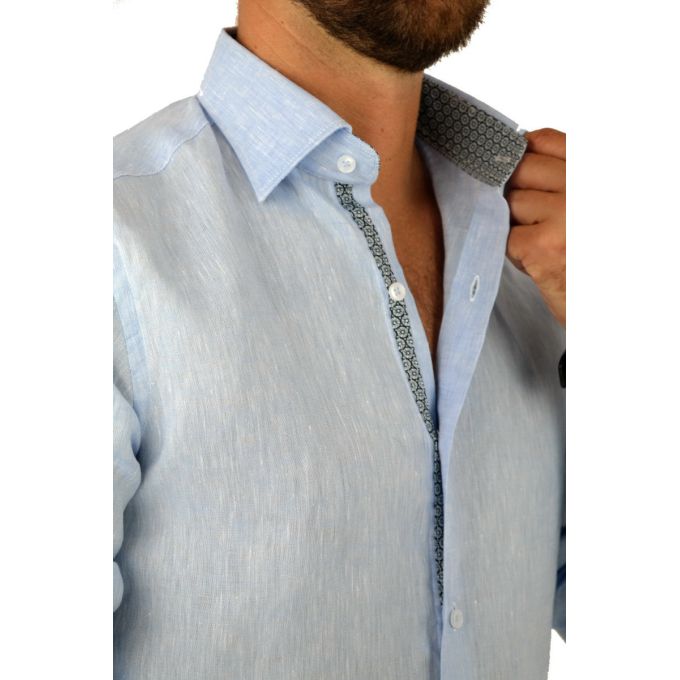 GIOVANNI PERA Koszula męska GPL5 błękitna LEN, wykończenie kolorowe | Sklep GriShop.eu | Koszule