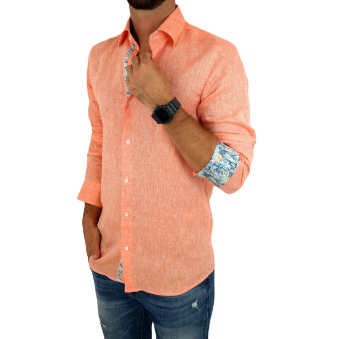 GIOVANNI PERA Koszula męska GPL8 pomarańczowa LEN, wykończenie kolorowe | Sklep GriShop.eu | Koszule