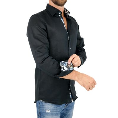 GIOVANNI PERA Koszula męska GPL9 czarna LEN, wykończenie kolorowe | Sklep GriShop.eu | Koszule