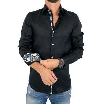 GIOVANNI PERA Koszula męska GPL9 czarna LEN, wykończenie kolorowe | Sklep GriShop.eu | Koszule