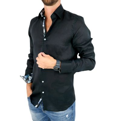 GIOVANNI PERA Koszula męska GPL9 czarna LEN, wykończenie kolorowe | Sklep GriShop.eu | Koszule
