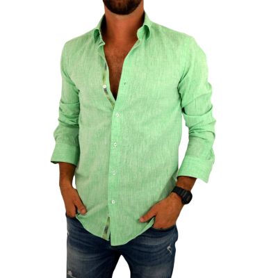 GIOVANNI PERA Koszula męska GPL10 zielona LEN, wykończenie kolorowe | Sklep GriShop.eu | Koszule
