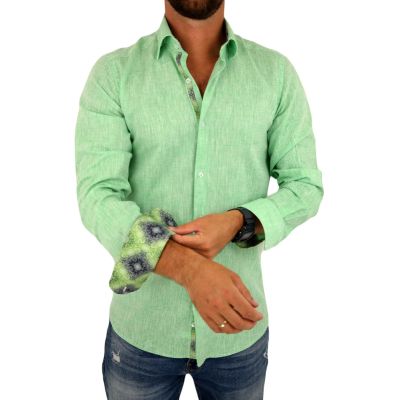 GIOVANNI PERA Koszula męska GPL10 zielona LEN, wykończenie kolorowe | Sklep GriShop.eu | Koszule