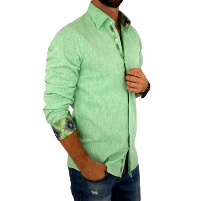GIOVANNI PERA Koszula męska GPL10 zielona LEN, wykończenie kolorowe | Sklep GriShop.eu | Koszule