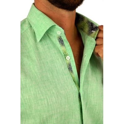 GIOVANNI PERA Koszula męska GPL10 zielona LEN, wykończenie kolorowe | Sklep GriShop.eu | Koszule