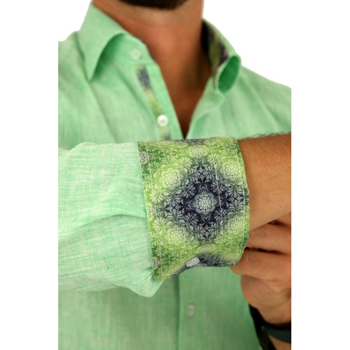 GIOVANNI PERA Koszula męska GPL10 zielona LEN, wykończenie kolorowe | Sklep GriShop.eu | Koszule