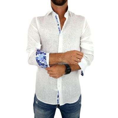 GIOVANNI PERA Koszula męska GPL11 biała LEN, wykończenie kolorowe | Sklep GriShop.eu | Koszule
