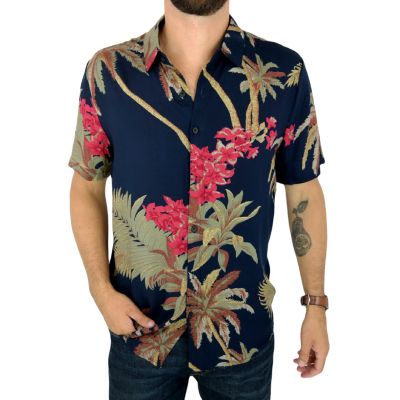 FRILIVIN Koszula męska, krótki rękaw KF10 lato, granatowa, kwiaty, liście | Sklep GriShop.eu | Koszule
