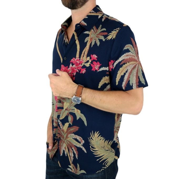 FRILIVIN Koszula męska, krótki rękaw KF10 lato, granatowa, kwiaty, liście | Sklep GriShop.eu | Koszule