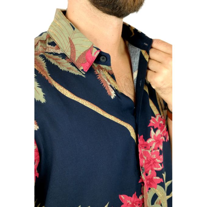 FRILIVIN Koszula męska, krótki rękaw KF10 lato, granatowa, kwiaty, liście | Sklep GriShop.eu | Koszule